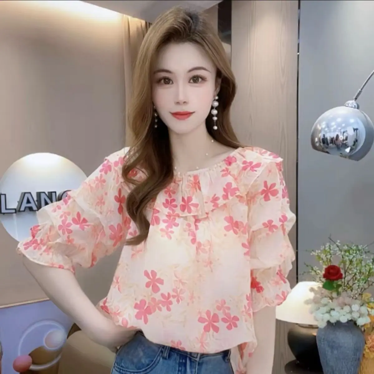 Floral Print Ruffled Neck Puff Sleeve Blouse Women Loose Short Top Summer Casual Sweet Style Lightweight Chiffon Blouse