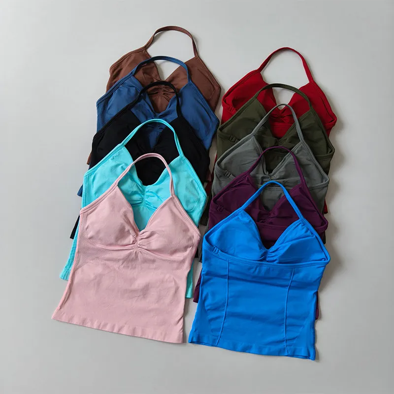 Langes, trägerloses, nahtloses Yoga-Tanktop mit gerafftem Rücken, ärmelloses Fitness-Workout-Shirt mit integriertem BH für Damen – Detail 24