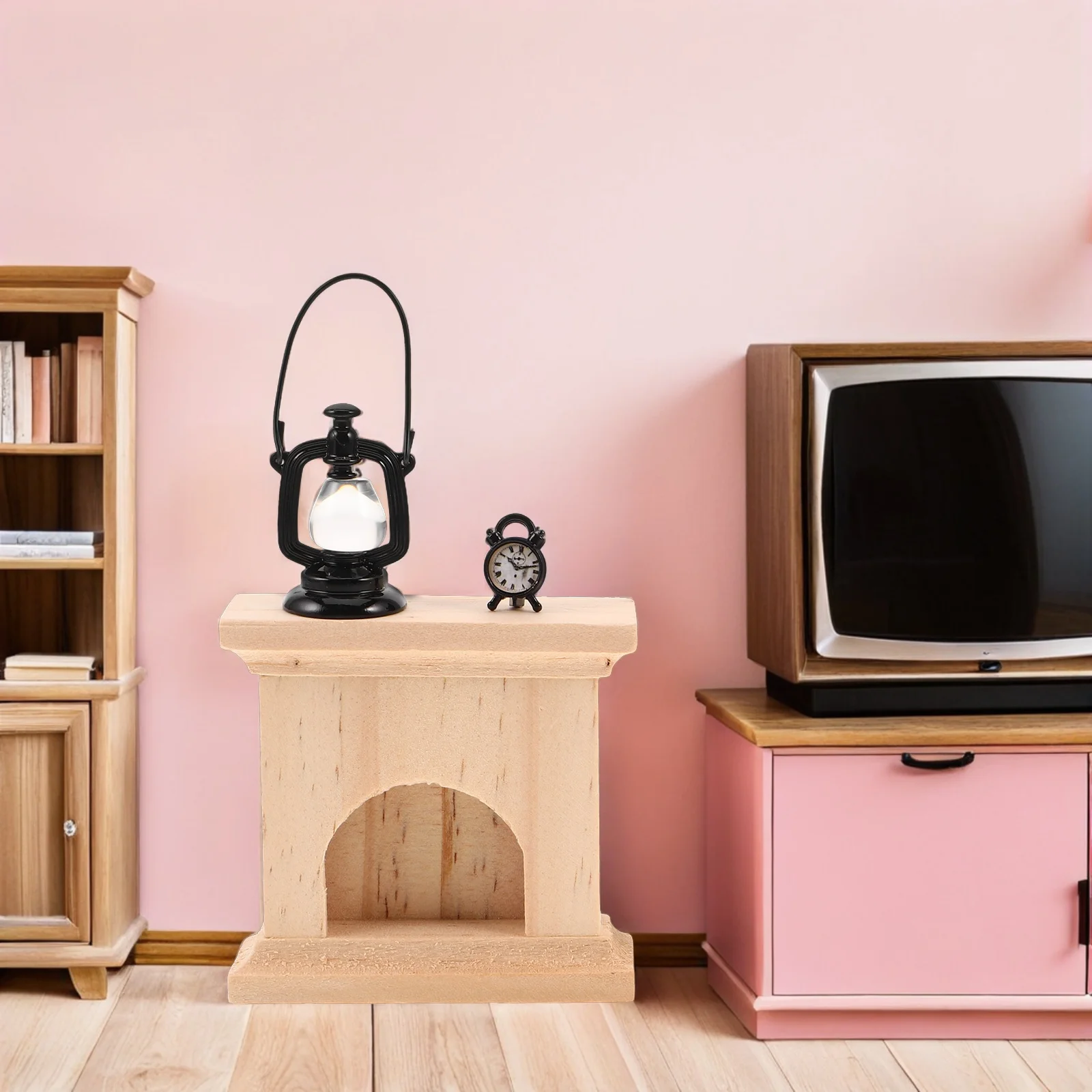 

2Set Miniature Wooden Fireplace Vintage Retro Lamp Clock Christmas Dollhouse Accessories Micro World Pretend Playset