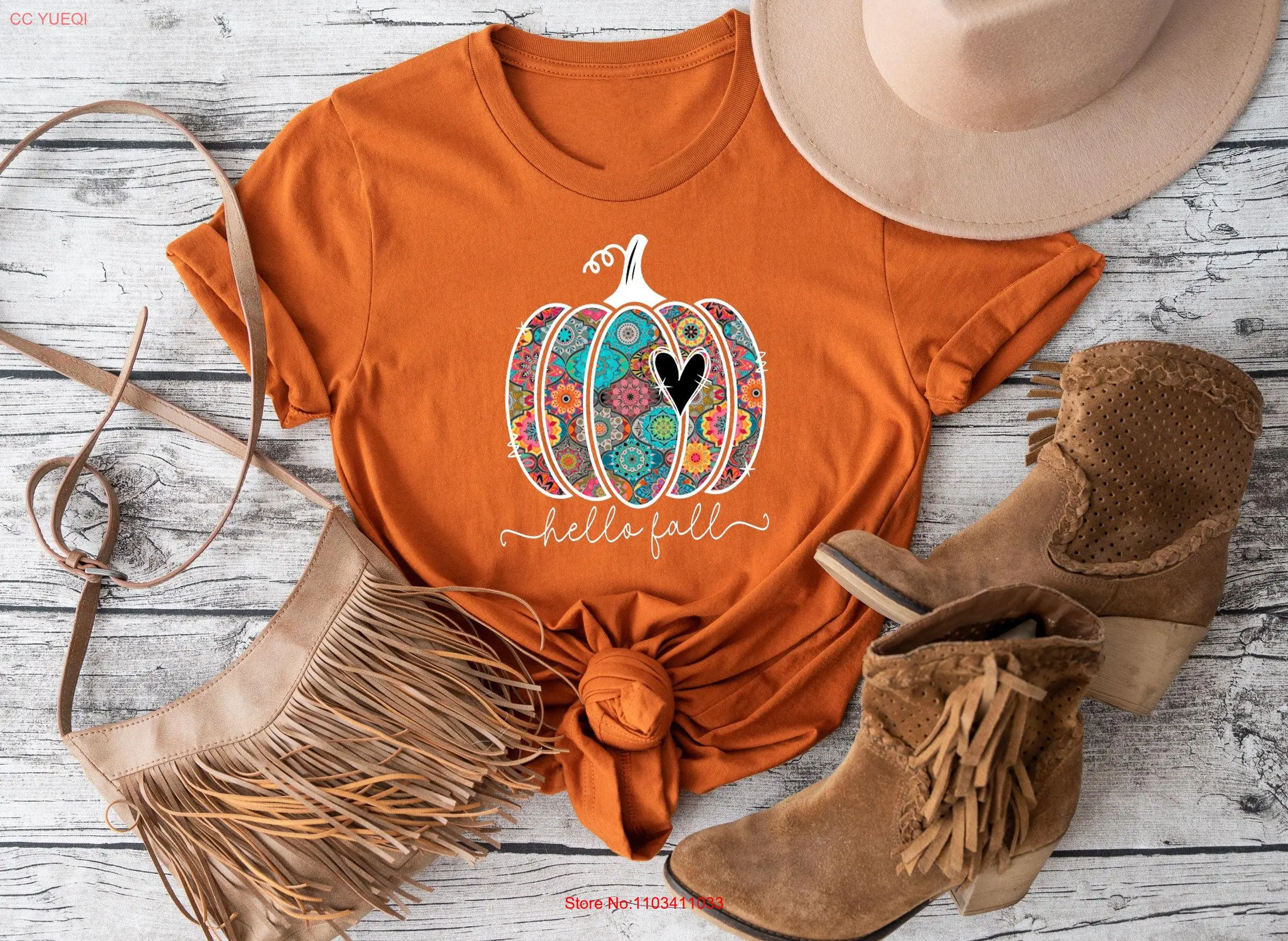 Hello Fall Boho T shirt Pumpkin Comfort Color Watercolor Pumpkins Autumn Woman Design long or short sleeves