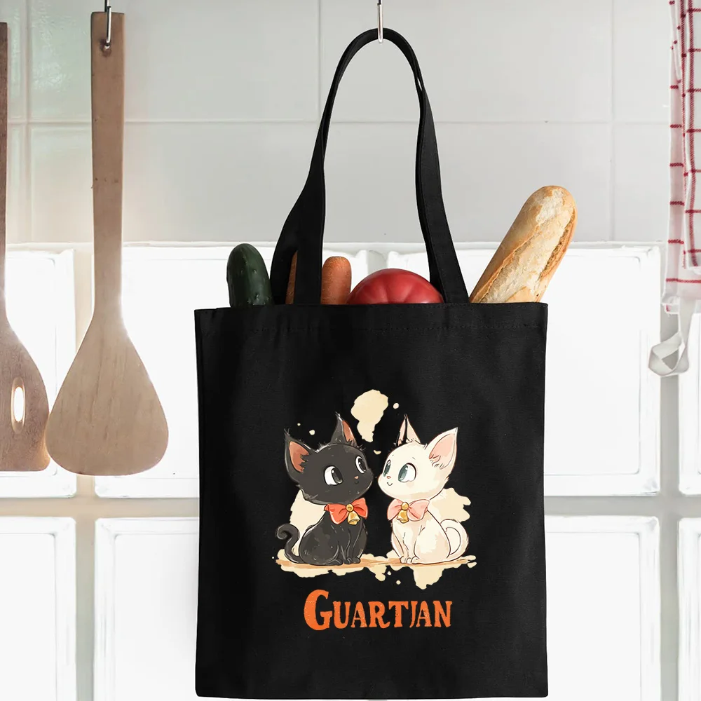 

Black Reusable Shopping Bag with Cat Doodle - Adorable Kitten Graffiti Canvas Tote, Hand Carry All Pouch Tote Storage Bag