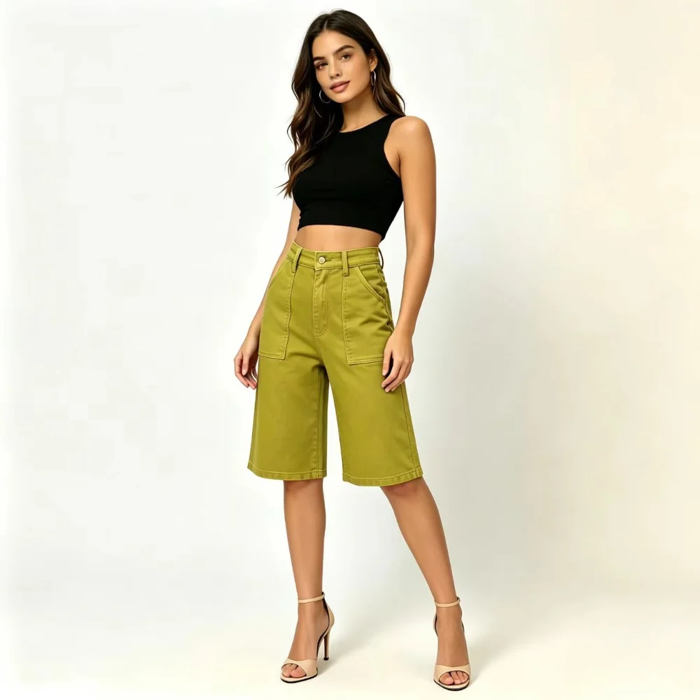 Spice Girl Tooling Five-point Jeans Women's High Waist Loose Wide Leg Pants Summer Versatile Skinny Straight Knee Shorts