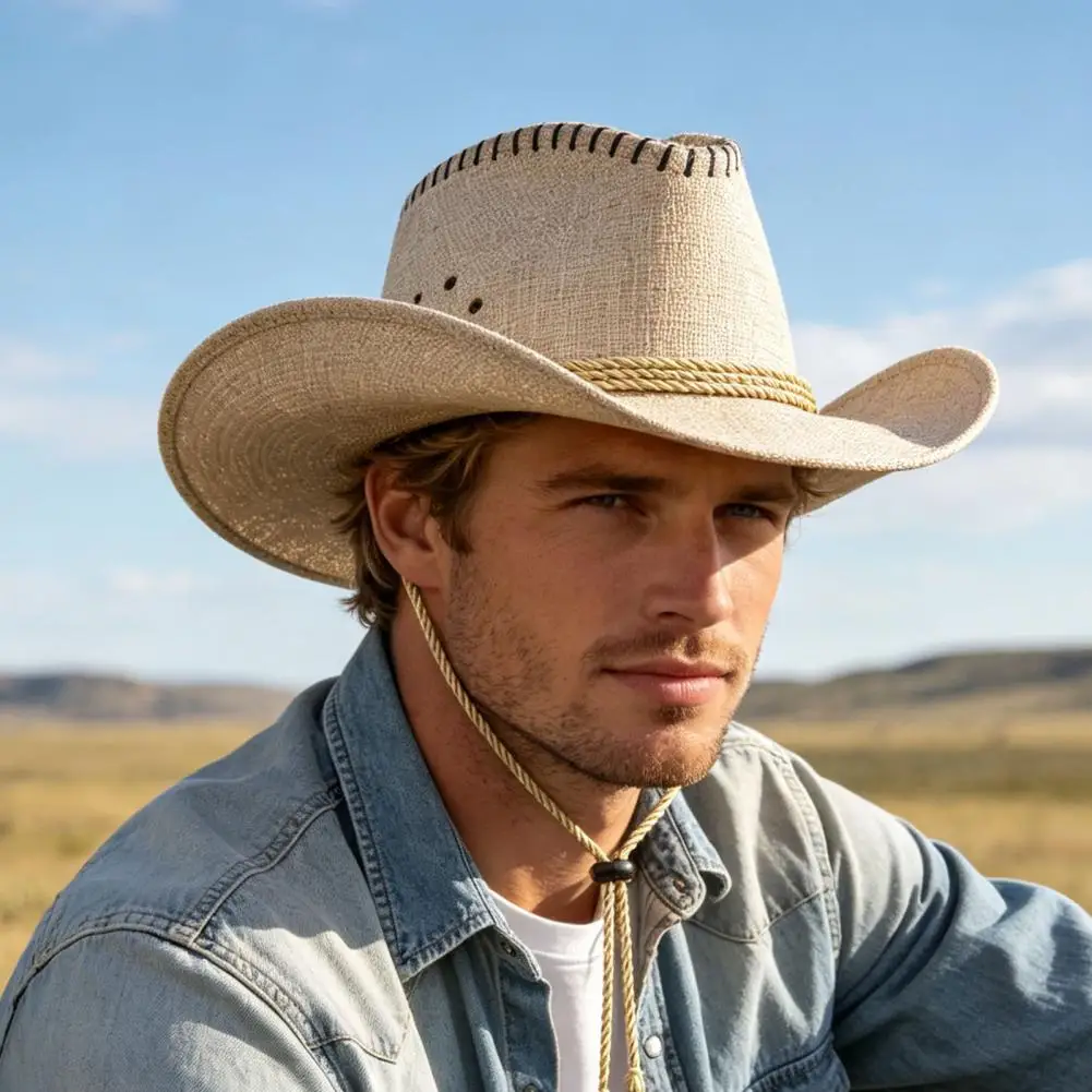 Western Cowboy Hat with Windbreak Rope for Men, Wide Brim Linen Sun Hat for Outdoor Travel, Breathable Fedora Hats for Party