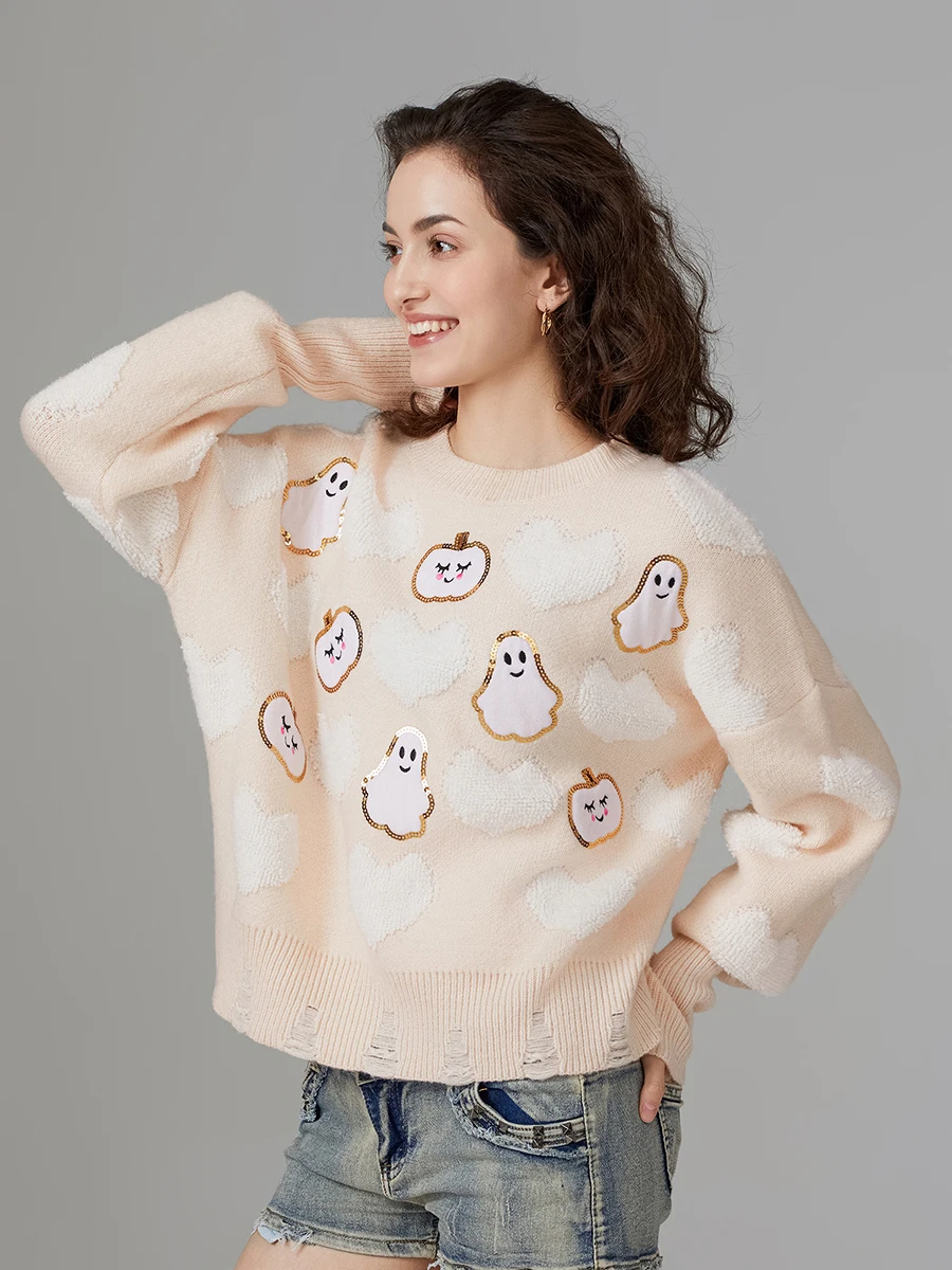 Women s Cozy Halloween Sweater with Spooky Bat and Witch Hat Design Long Sleeve Round Neck Loose Knitwear for Fall