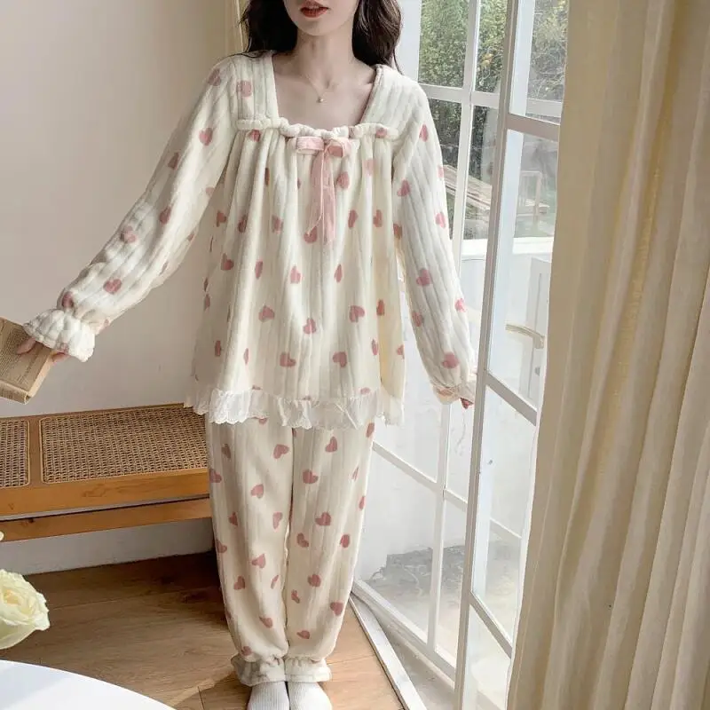 

Women's Pajamas Thicken Flannel Warm Autumn Winter Homewear Set Sweet Princess Style Sleepcoat Female Girl's Student Loungewear