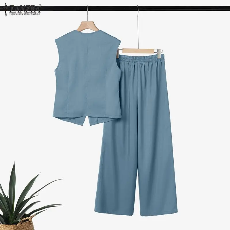 ZANZEA Elegant Old Money Style Pant Suits Sleeveless Vests Tops & Wide Leg Pant 2 Pieces Sets Summer Commuting 2pcs Sets Outfits