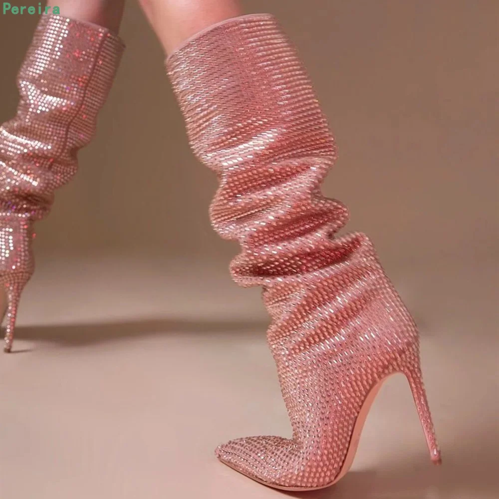 Pink Gypsophila Rhinestone Boots Women's New Arrival Solid Pointed Toe Thin High Heel Slip-on Sexy Fashion Party Catwalk Shoes