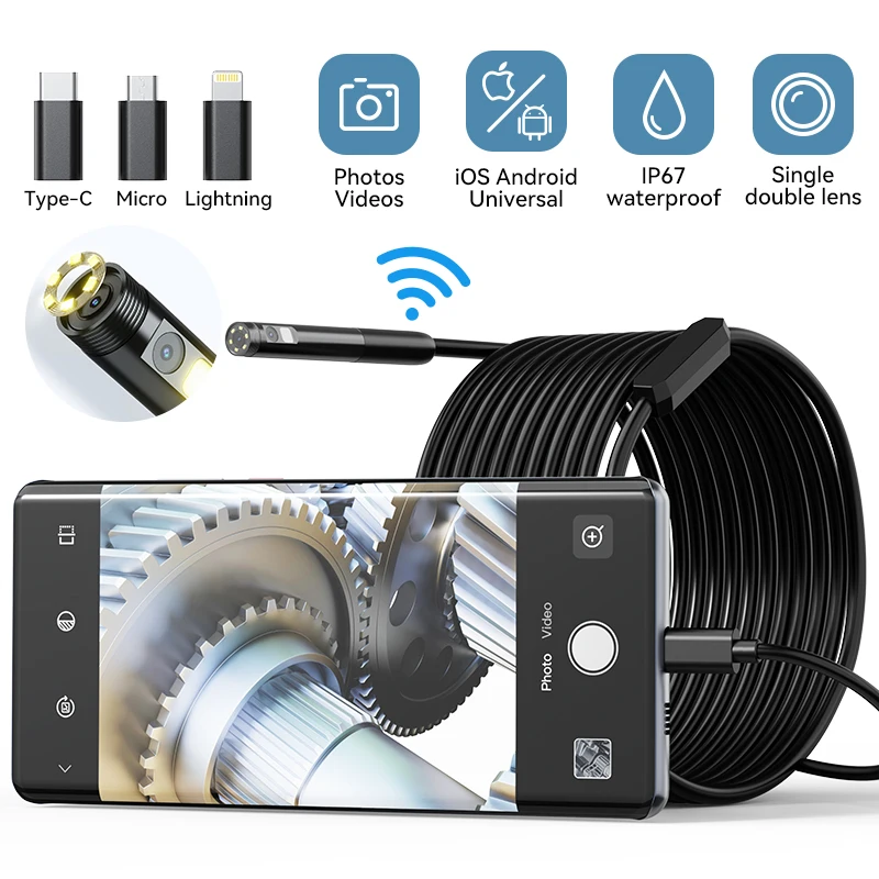 Endoscoop Camera Enkele/Dual Lens IP67 Waterdichte Pijpleiding Inspectie Borescope 8MM Lens Auto Riool Voor IOS Android USB-C