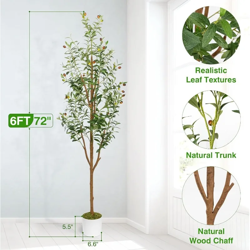 Artificial Olive Trees 6FT - Large Faux Olive Tree for Indoor with White Planter, Tall Fake Olive Silk Tree Realistic