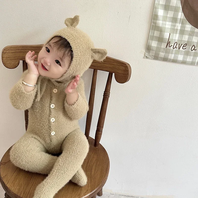 Newborn Baby Mink Fur Romper with Hood Cute Bear Animal Ear Footed Onesie Winter Warm Jumpsuit for 0-2 Years