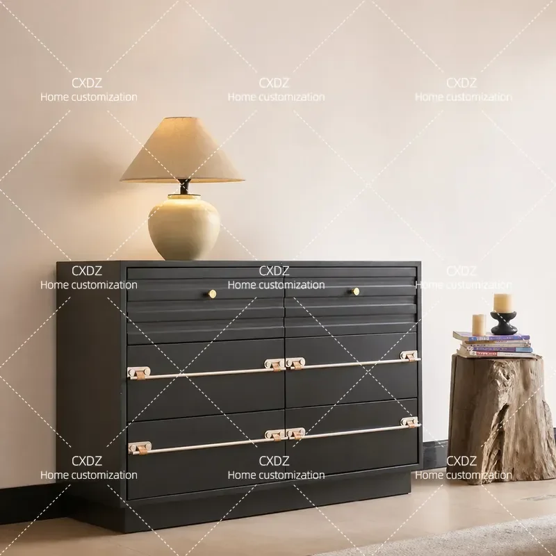 Medieval Solid Wood Six Drawer Cabinet Stainless Steel Handle Retro Sideboard Buffet Server Storage Console Table for Dining