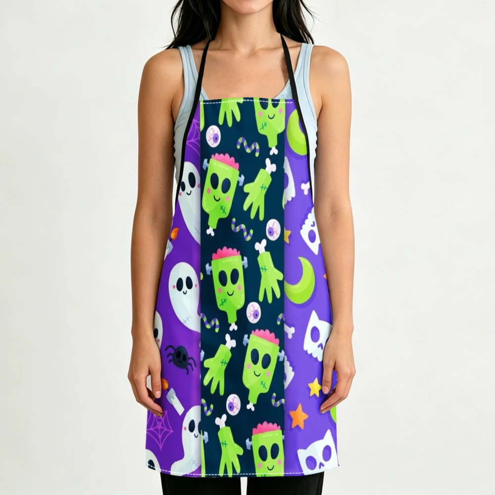 Cute Cartoon Style Apron Halloween Ghost Monster Print Kitchen Aprons Cooking Baking Protective Wear Adjustable Bibs