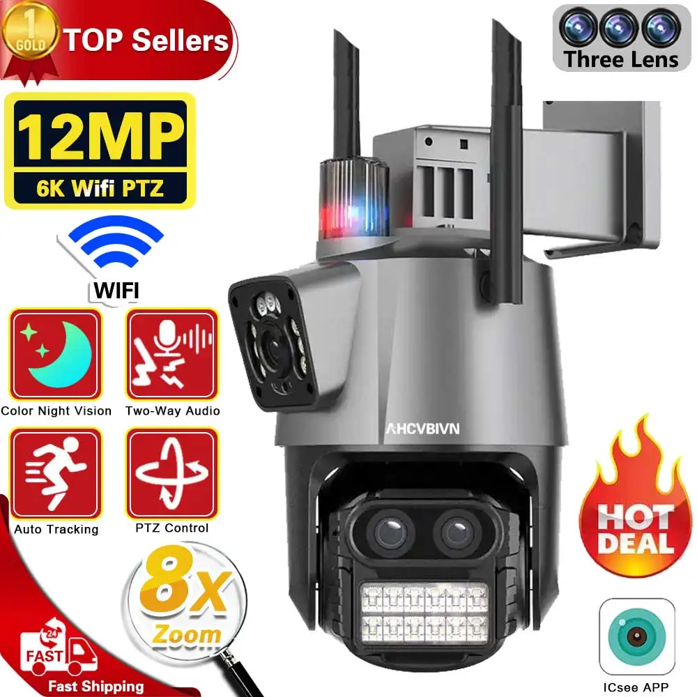 

6K 12MP Security Camera 8X PTZ Zoom Three Lens Dual Screen Outdoor WiFi Home Protection IP Cam PTZ CCTV Video Surveillance Icsee