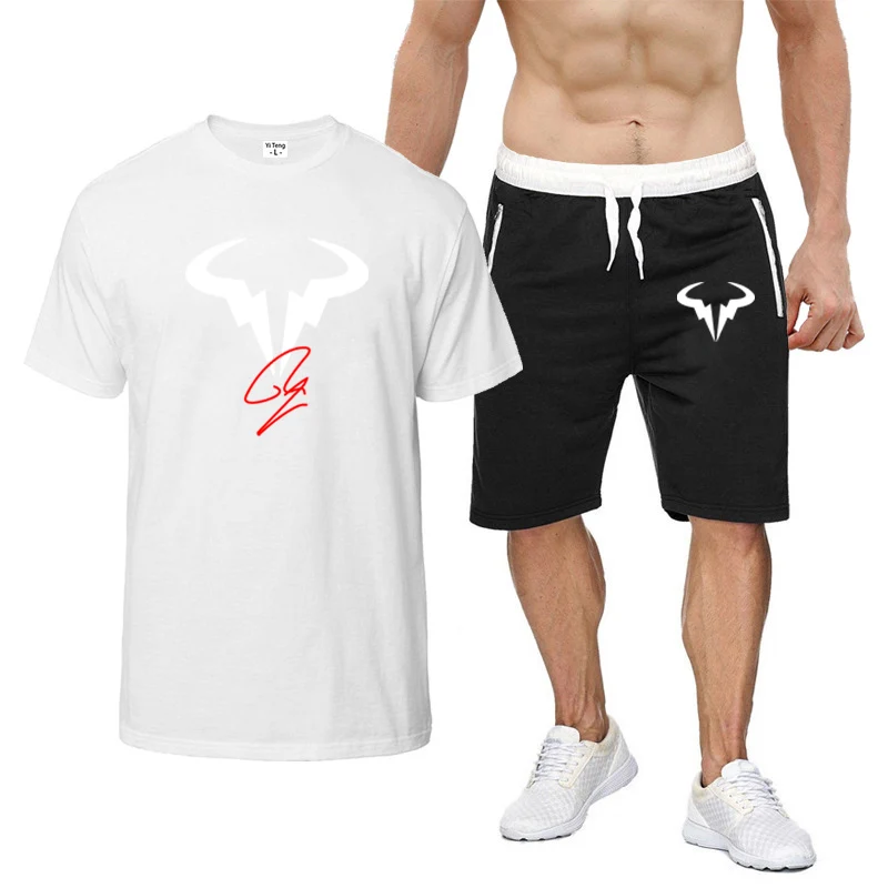 2024 Summer Mens Rafael Nadal Symbol Logo Print Leisure High-Quality Cotton T-Shirt+Trendy Sports Shorts Classic Solid Color Set