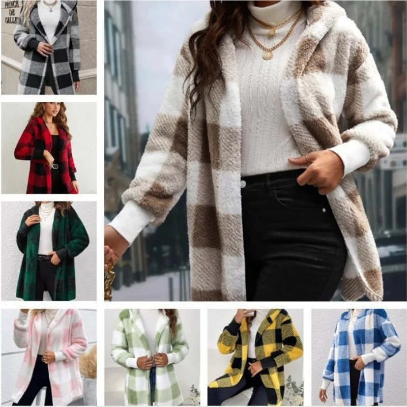 

Female Patchwork Outerwear Coat Women Autumn Winter Double Fleece Plaid Cardigan Soft Loose Long Sleeve Plush Warm Hooded Jacket