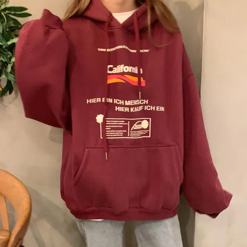 Women Letter Print BF Style Loose Casual Hoodies Pullover Plus Velvet Warm Hooded School Big Pocket Harajuku Sweatshirt Ulzzang