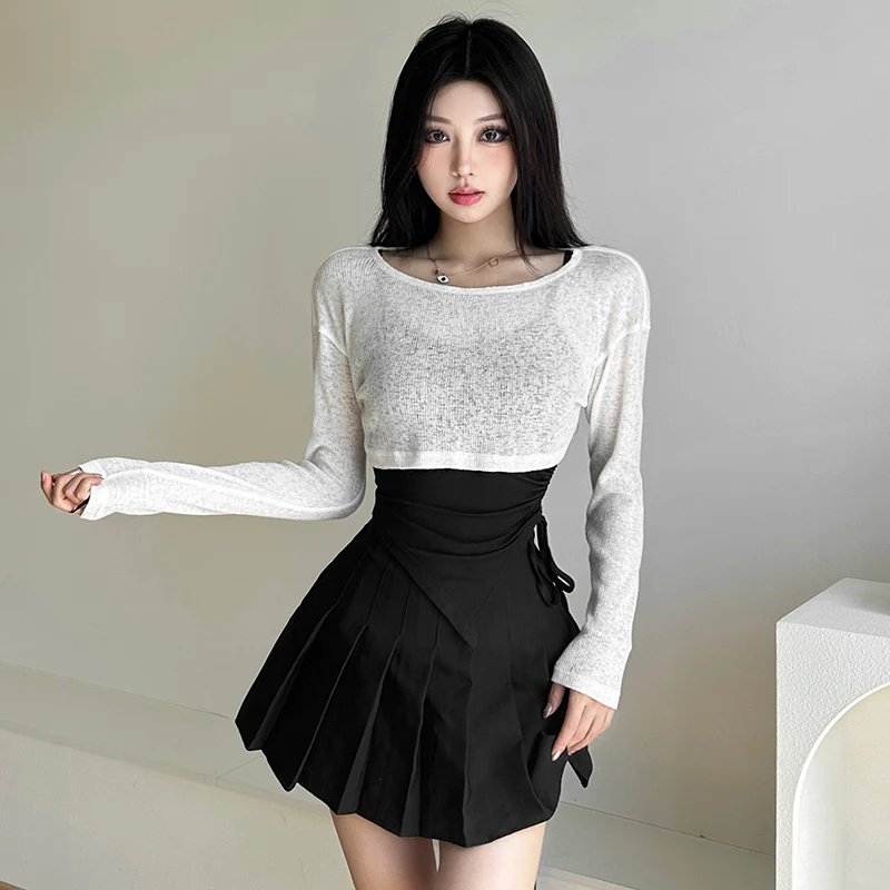 Elegant Slightly Mature Sexy Style Long-Sleeved T-shirt Women's Inner Suspenders Two-Piece Suit Design Slimming Hot Girl Top