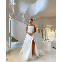 Amanda White A-line Side Slit Strapless vestido femininos Sleeveless فساتين سهرة Backless Floor-Length Customized Wedding Dress
