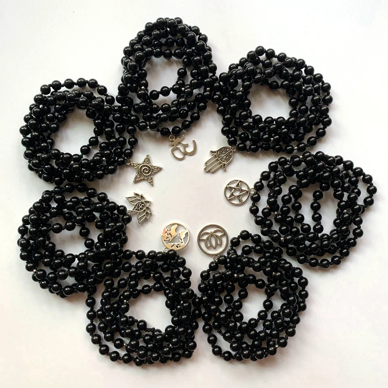 Natural Black Obsidian Stone Prayer Beads Mala 108 Beads Necklace Lotus Om Pentagram Fatima Hand Star Pendant Knotted Beads 1pc