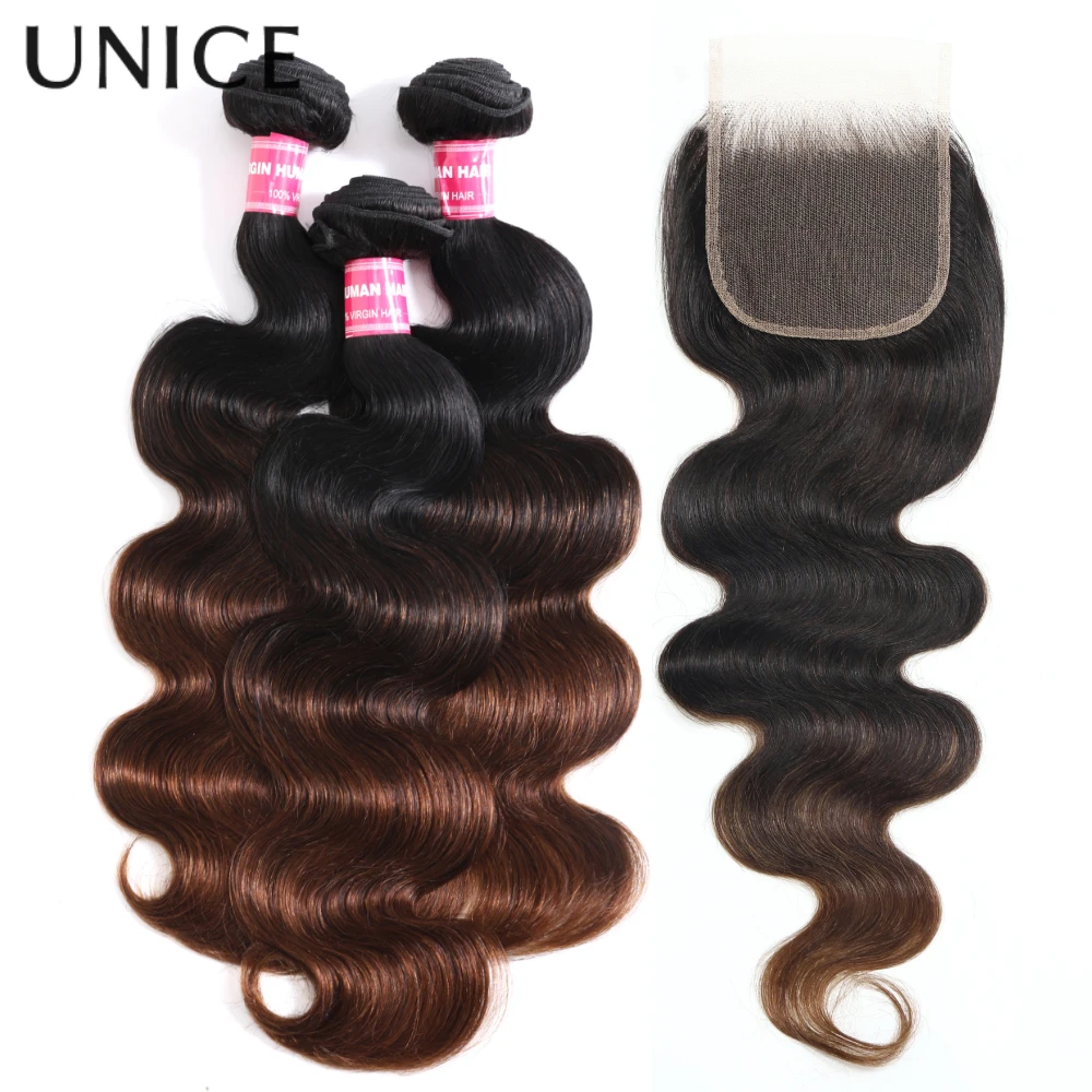 Unice Capelli Castano Marrone Ombre Onda Del Corpo 2/3/4PCS Fasci Con 1PC 4x4 Pollici Chiusura Del Merletto Fasci di Capelli Umani Al 100%