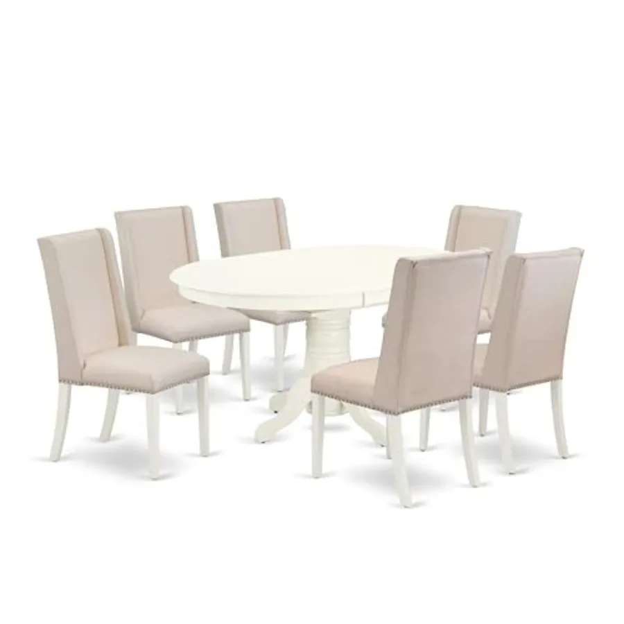 

AVFL7-LWH-01 7 Piece Dining Set Consist of an Oval Dining Room Table with Butterfly Leaf and 6 Cream Linen Fabric Upholstered P