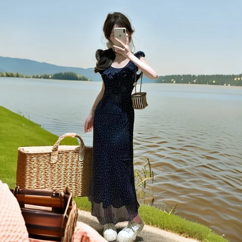 Long Maxi Dresses New Hot Sales Holiday Wear Ruffles Black Japan Style Girls Chic Korea Design Women Lace-Up Romantic Dress