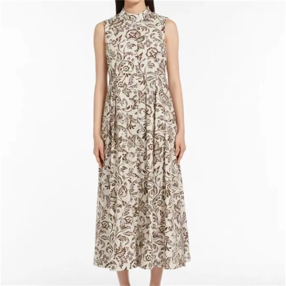 

Spring Summer Floral Print Women Sleeveless Midi Dress Commuting Slimming Single-breasted Female Long Dresses