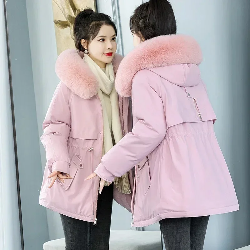 Parka à capuche avec doublure en laine et col en fourrure pour femme, manteau long, veste chaude, vêtements de neige, vêtements rembourrés, optique, hiver, nouveau, 2022