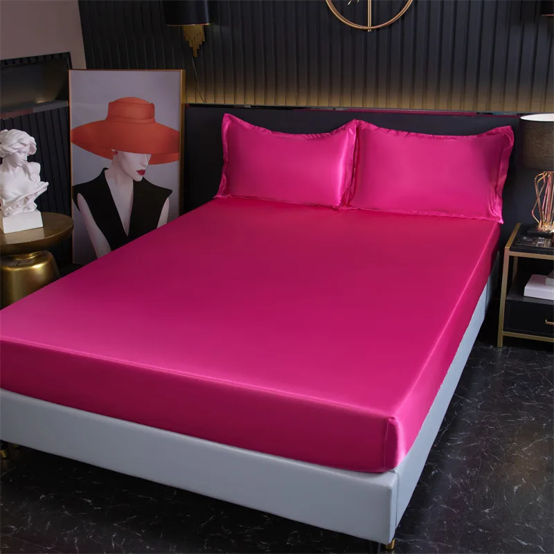 Multi-Color Satin Rayon Fitted Sheet High-End Mattress Cover Solid Color Bedsheet Elastic Band Twin Full Queen King Bed Sheet