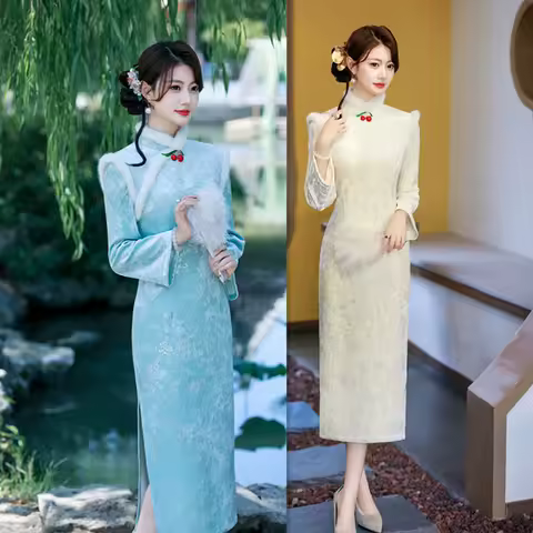 Yourqipao Chinese Traditional Long-sleeved Fur Collar Cheongsam 2025 Autumn and Winter Thicken Qipao Evening Dress