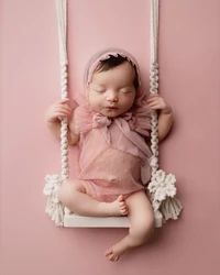 Photography Props Macrame Swing for Newborn Vintage Wooden Prop Babies Infants Photo Shooting Chair Pod Accessories