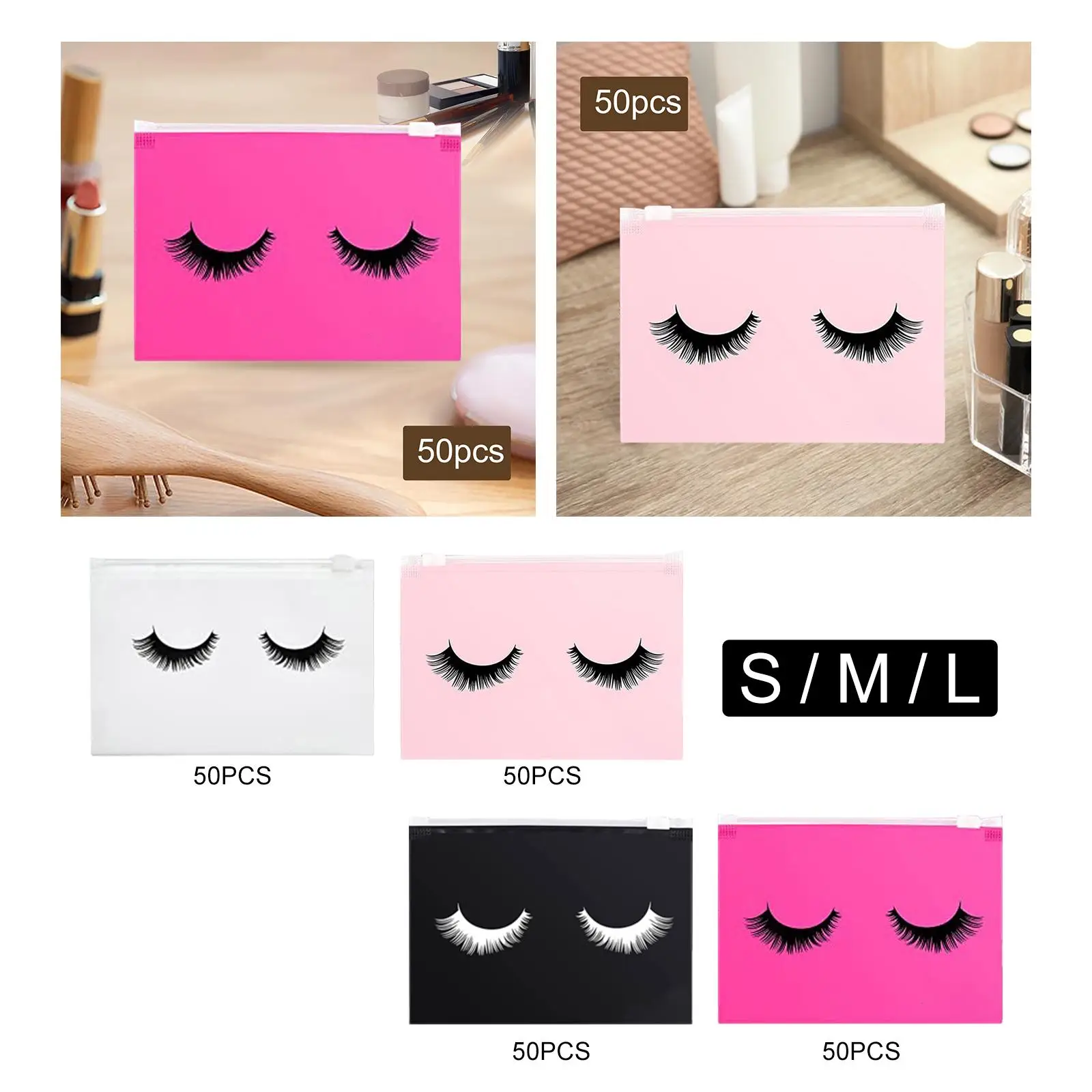 50個の空のまつげバッグ、まつげメイクアップバッグ、ジッパー付き、再利用可能、洗える、多機能ツール、まつげポーチ