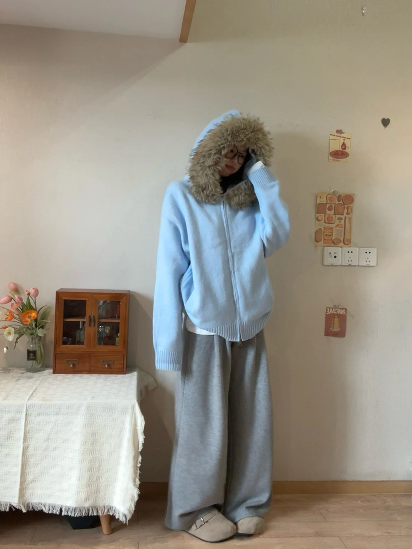 

American Lazy Sle Hooded Sweater Women's Loose Soft Open Cardigan Autumn Winter Outerwear Detachable Fur Collar Comfortable...