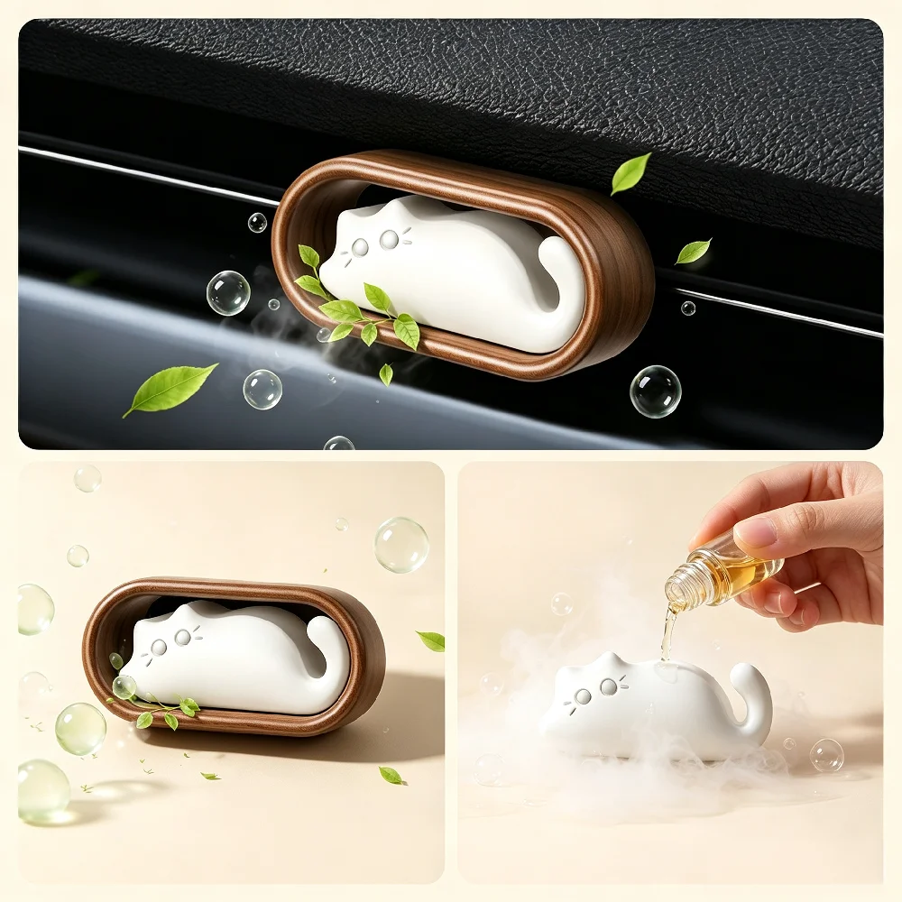 Unique Cat Shaped Car Vent Air Freshener, Mild Fragrance, Long-lasting Deodorizing Wood Ceramic, Car Diffusion, Cute Car Interio