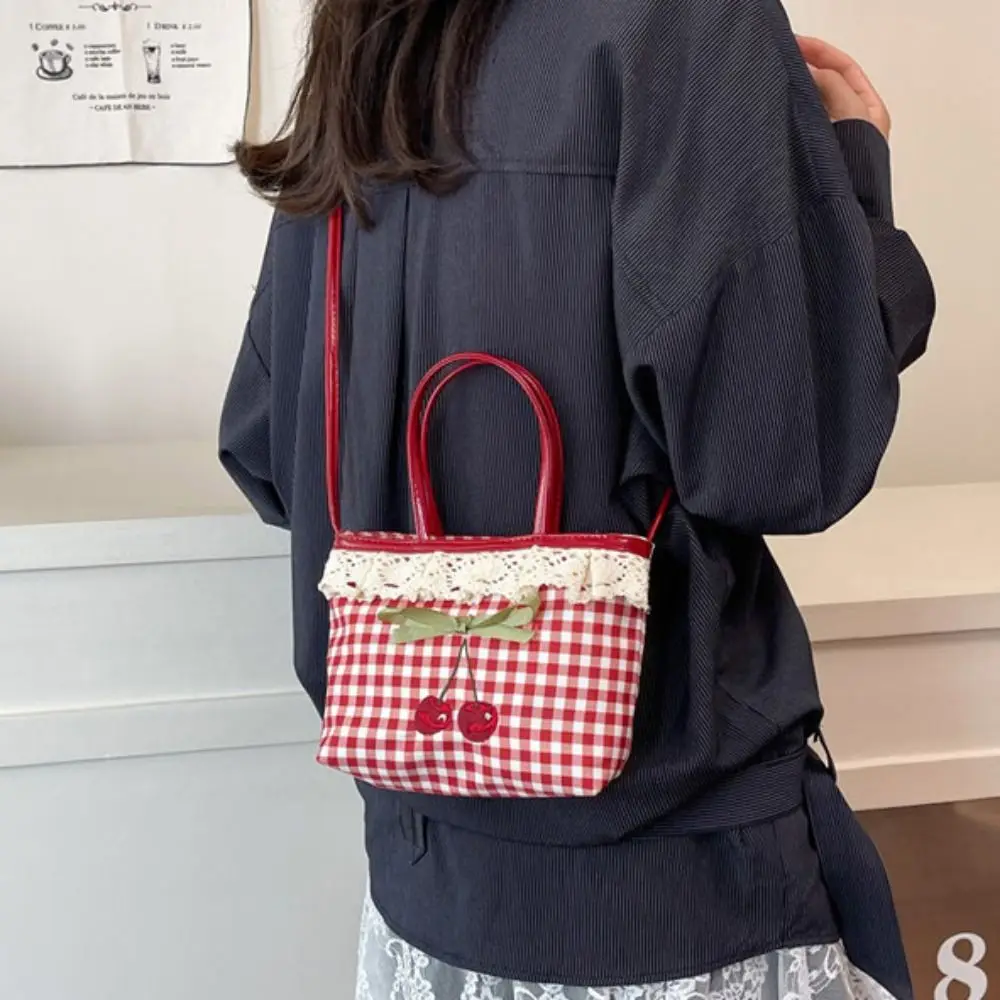 

Portable Polka Dot Lattice Cherry Handbag Lovely Bowknot Lace Plaid Handbag Leisure Commuting Sweet Crossbody Bag Students