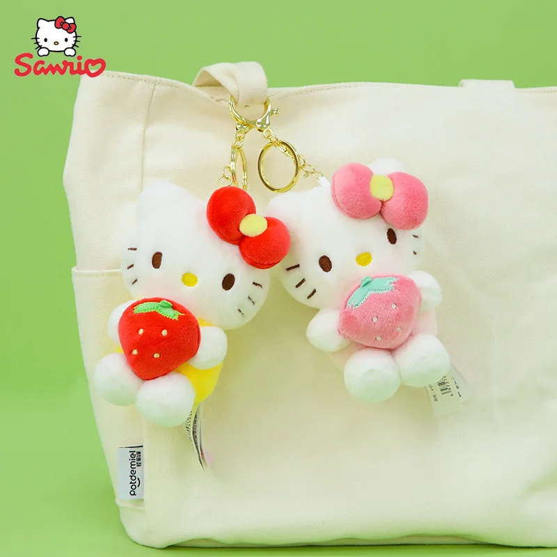 LLavero de juguete de peluche de fresa de Hello Kitty Sanrio KT gato lindo de dibujos animados muñeco relleno suave colgante bolsa accesorios llavero de coche regalo