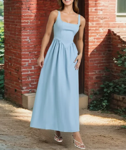 

Square Collar Waist Waistband Vest Skirt Solid Color Long Skirt Elegant Summer Solid Color Slim Fit High Waisted Dress for Women