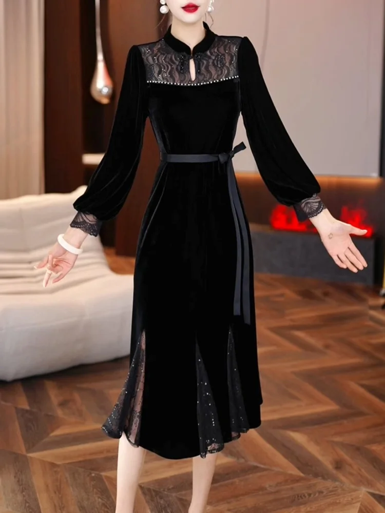 

Ele Velvet Dr Women's Autumn New Sle Fi Tail Skirt Base Layer Mom Spring Autumn Seasonal Faionable