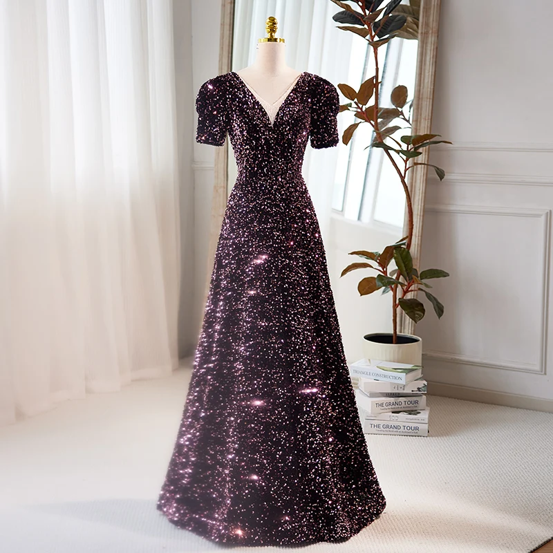 

2025 темно-фиолетовое вечернее платье, длинное платье для выпускного вечера с блестками, v-образным вырезом и короткими рукавами, вечернее платье на шнуровке сзади