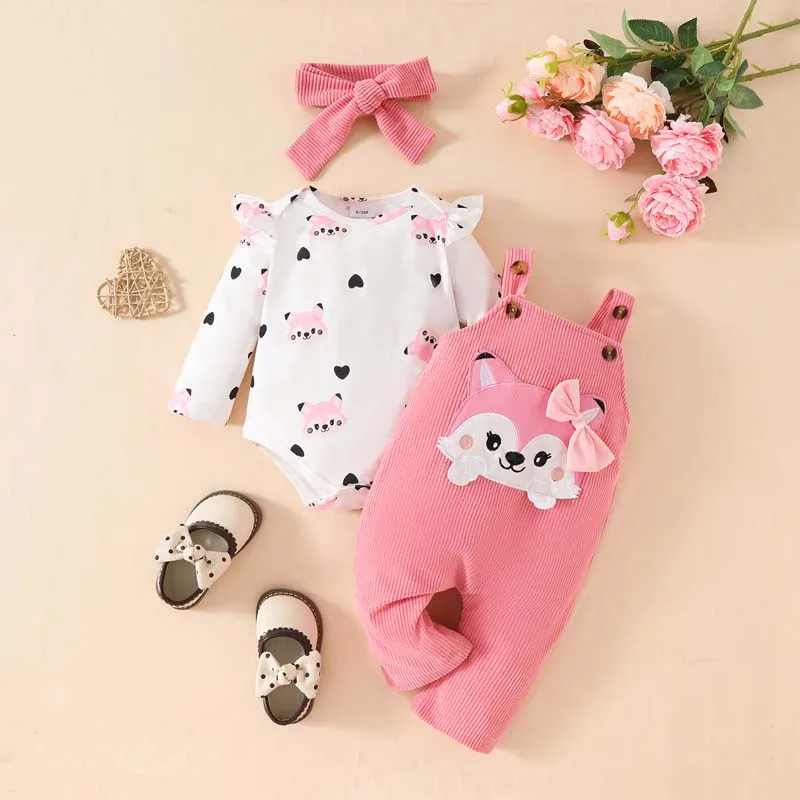 

Baby Clothes Girls Set 0 To 18 Months Cute Fox Long Sleeve Bodysuit Corduroy Bow Back Pants Hairband 3PCS Outfits