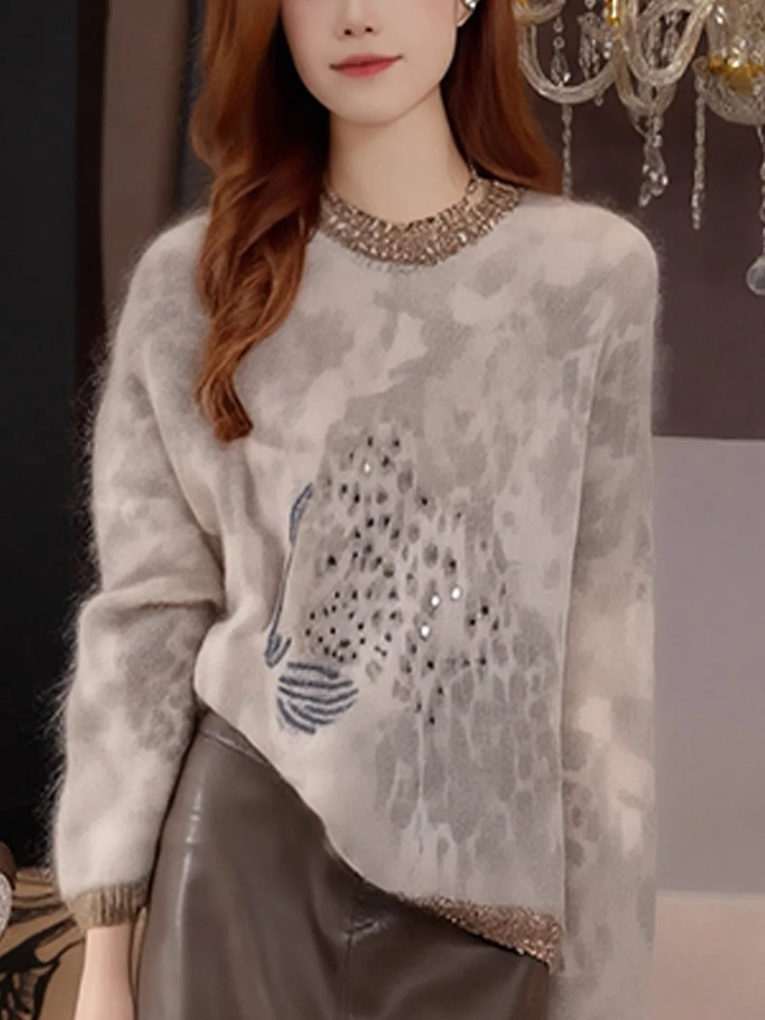 

Women Print Mohair Wool Long Sleeve Casual Loose Sweater Autumn Winter Beading Soft Knitted Pullover Tops Female New C169