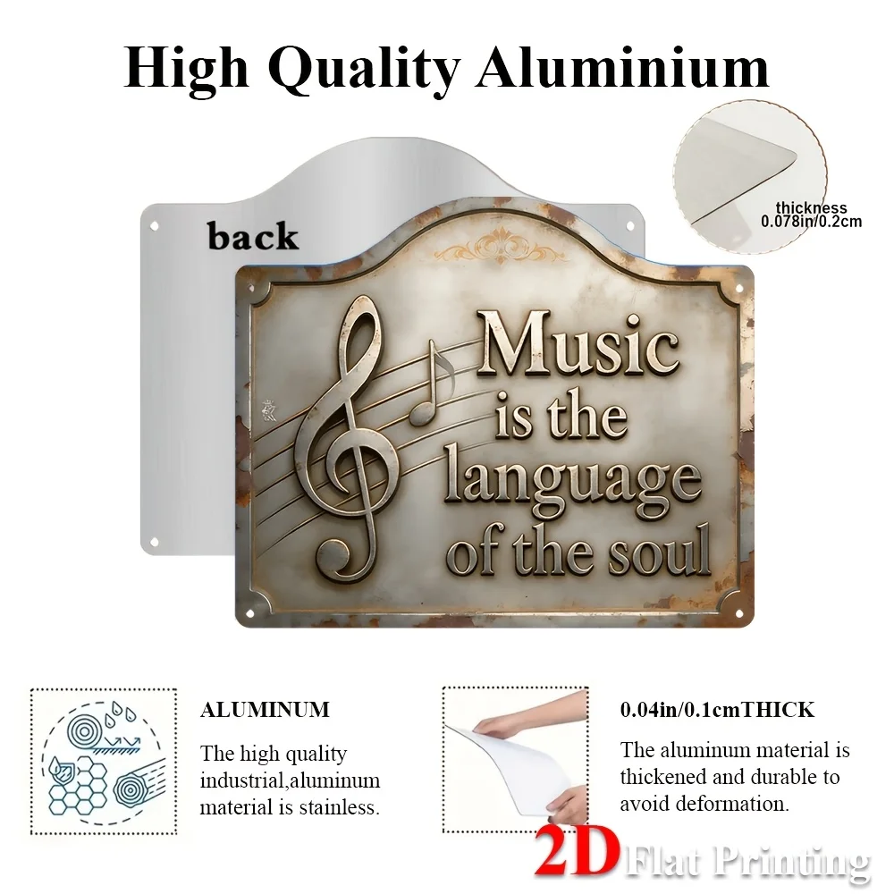 1pc 2D Flat Sign Artwork Made Of Metal, Showcasing 'Music Is The Language Of The Soul' Along With Musical Notes, Music Studios,