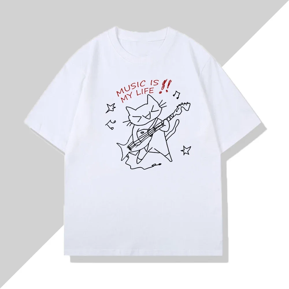 

2025 Rock Cat Music Is My Life Pattern Printed T Shirt Women and Men Casual Loose Rock Funny Round Neck Short Sleeve Top Unisex