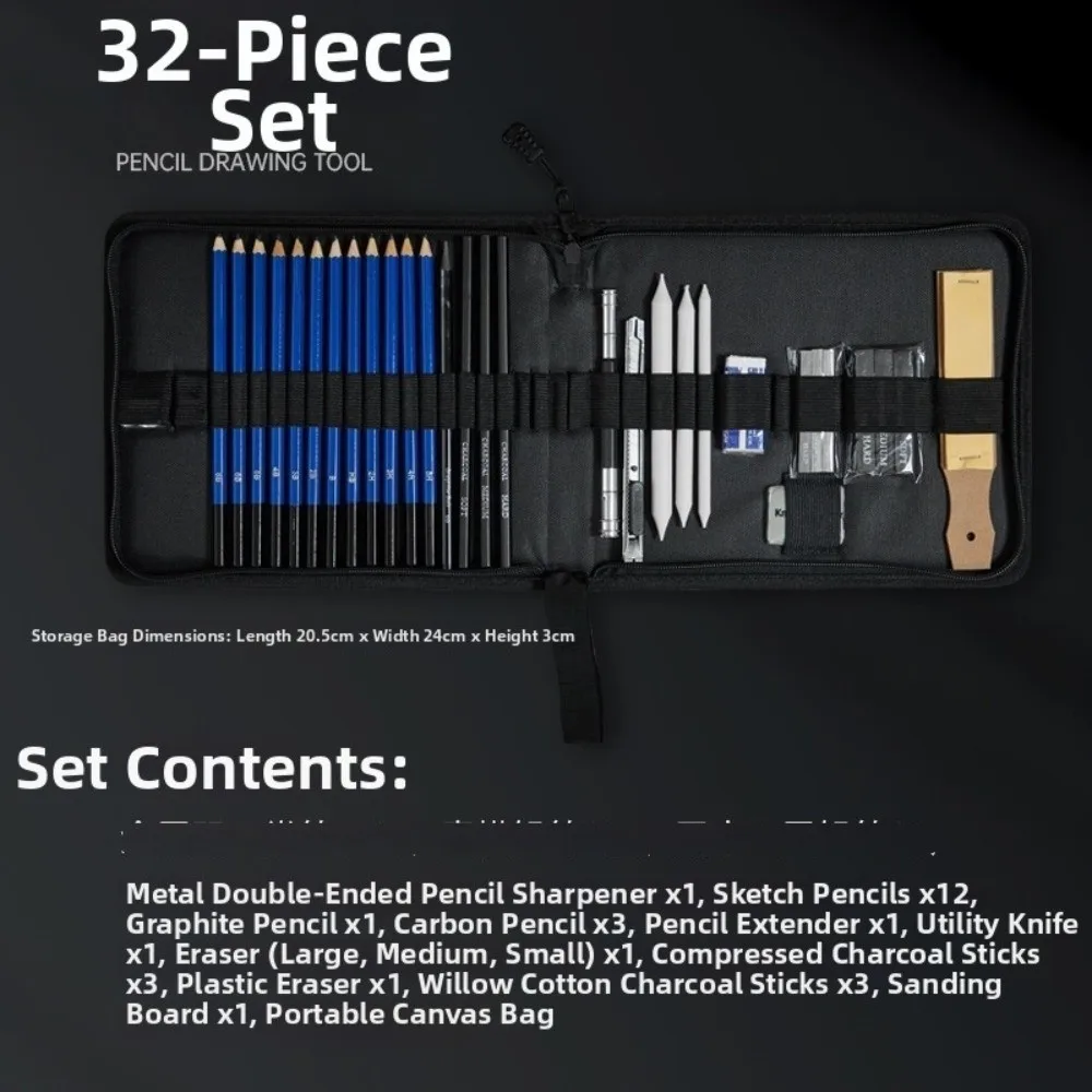 32Pcs 14B–5H Drawing Pencils Set 9.45*8.07*1.18in Black Art Supplies Set Roll-Up Nylon Case With Carry Bag Pencils Set