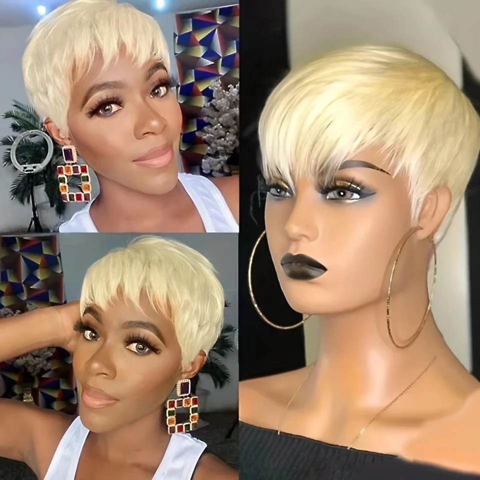 Blond 613 Kurze Pixie-Cut Echthaarperücke mit Pony für schwarze Frauen 1B # Brasilianische glatte Remy-Haarperücke, Bob-Schnitt, vollständig maschinell gefertigt – Detail 2