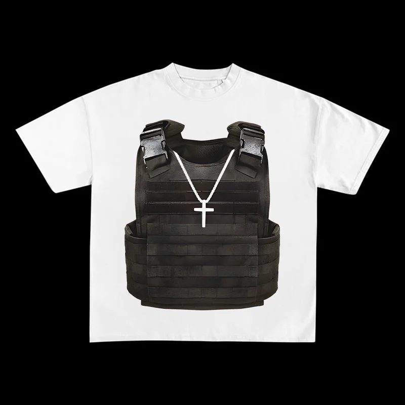 

American fashion brand cotton casual oversized street American bulletproof vest short-sleeved T-shirt round half-sleeved T-shirt
