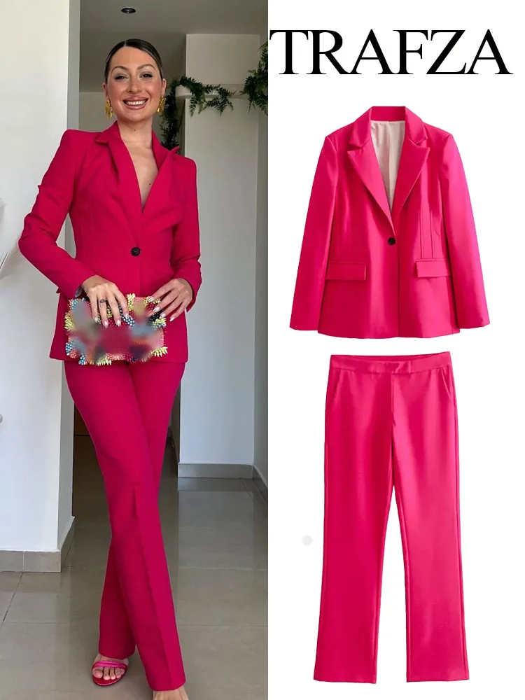 TRAFZA Fashion Elegant Pants Set For Women 2024 Spring Quilted Long Sleeves Blazer Coats+High Waist Straight Pants Rose Red Suit