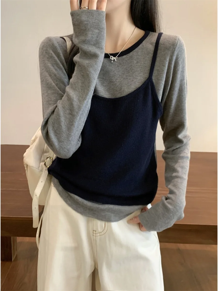 

Женский вязаный свитер Off Color Blo с длинными рукавами и круглым вырезом, базовый слой, корейский стиль, облегающий, для коррекции фигуры