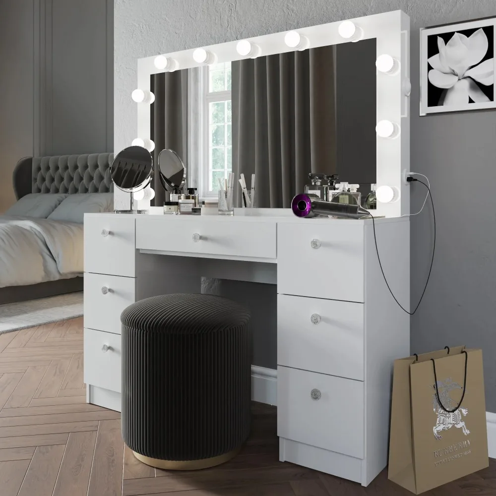

Ibbie White Makeup Vanity with Glass Top, Lights, Charging Station