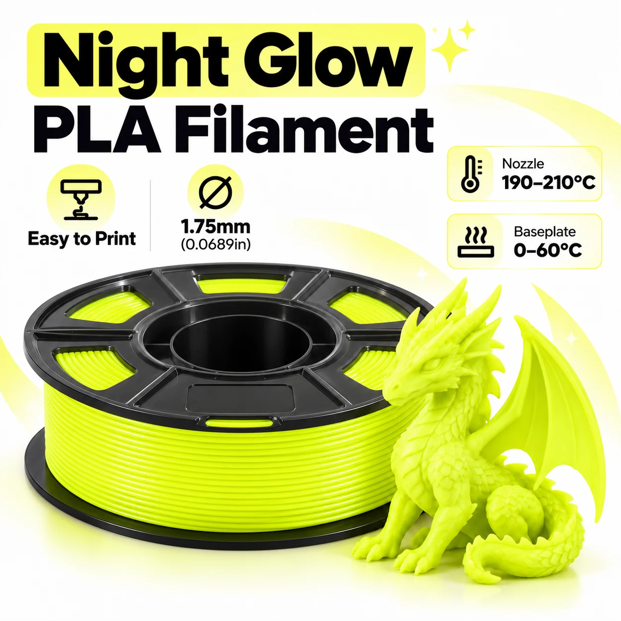 Luminous Yellow PLA 3D Filament Glow in Dark,200g 1.75mm(0.0689in), Nozzle 190-210℃, Print Bed 0-60℃ for FDM Printers